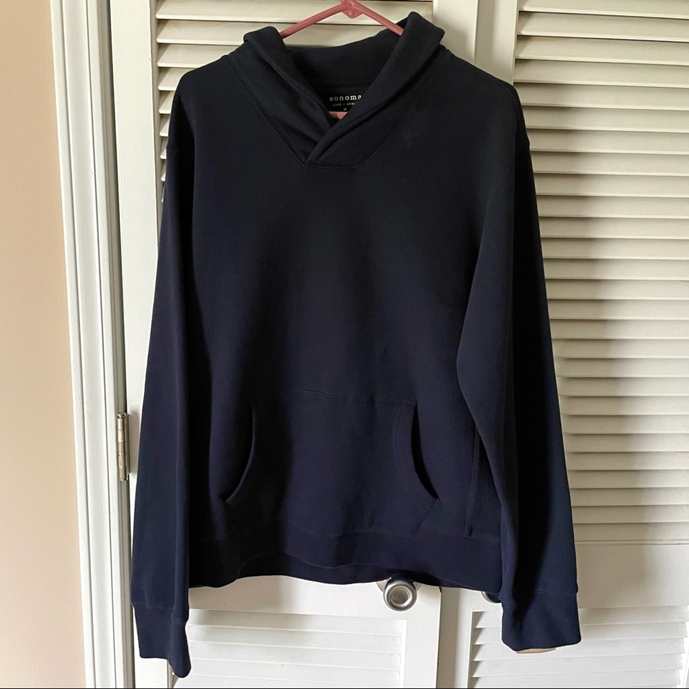 New Navy Sweater with Front Pockets and Fold-Down Collar